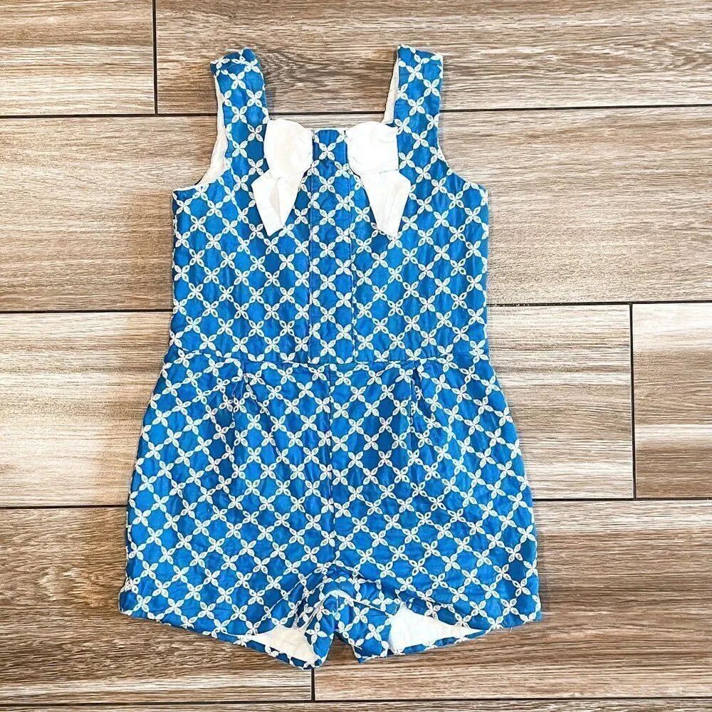 Janie and Jack Blue White Eyelet Bow Romper Size 18-24M